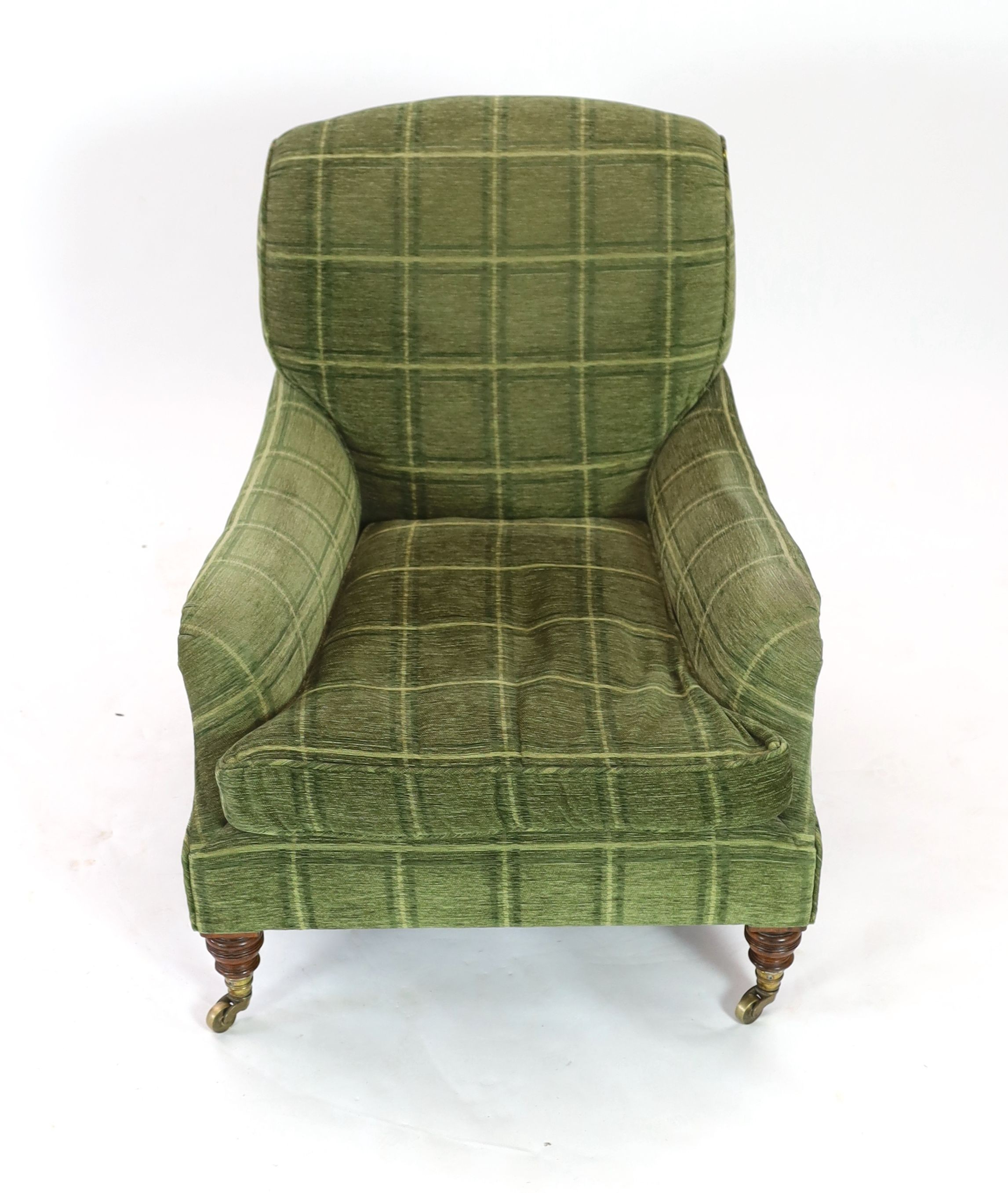 A Victorian Howard & Sons oak framed club armchair, W.78cm D.100cm H.88cm